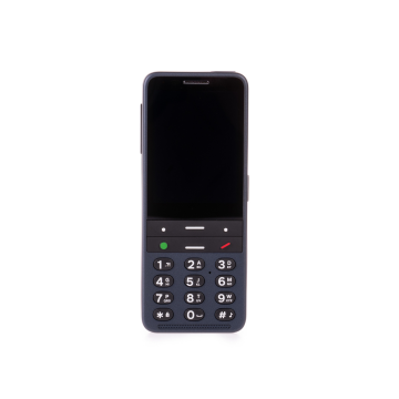 Přední strana oceánově modrého telefonu BlindShell Classic 3. Obrazovka je černá, na klávesnici jsou velká tlačítka.