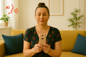 Žena kolem čtyřiceti let s vlasy utaženými do drdolu sedí na žluté pohovce ve světlém obývacím pokoji. V obou rukou drží béžový telefon BlindShell a dívá se přímo před sebe. Na pohovce jsou modré polštáře a v pozadí jsou vidět rostliny a zarámované obrázky. V levém horním rohu je oranžová ikona mluvícího profilu s písmeny „AI“ vedle ní, která symbolizuje Lunu.