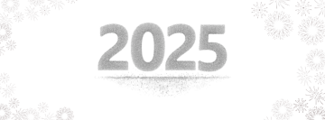 Na obdélníkovém obrázku je číslo 2025 tvořené zvláštním počtem miniaturních teček, které jsou vpravo a vlevo orámovány jemnou symbolikou třpytivých ohňostrojů, jež mají představovat oslavu i eleganci.