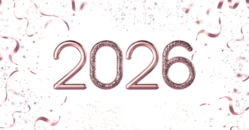 Slavnostní grafika s číslem 2026 v třpytivém rosé zlatém písmu, doplněná o konfety a stuhy na světlém pozadí.