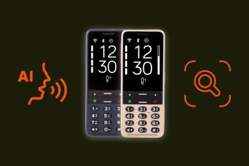 Na obrázku jsou dva tlačítkové telefony BlindShell Classic 3 stojící vedle sebe. Jeden v oceánově modré barvě, druhý ve zlatavě pískovém provedení. Telefony jemně vystupují z tmavého pozadí a jsou obklopeny bílou září, která symbolizuje umělou inteligenci a vnitřní procesy zařízení. Vlevo od telefonů je oranžová ikona Luny, virtuální hlasové asistentky, znázorněná profilem obličeje se zvukovými vlnami. Vpravo se nachází oranžový symbol lupy představující funkci Observo.