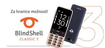 Telefon BlindShell Classic 3 zobrazený zepředu a zezadu. Přední strana má velký černý displej s bílými čísly a ikonami, pod ním fyzickou klávesnici s oddělenými tlačítky. Zadní strana je tmavá, jednoduchá a hladká.