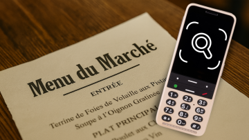 Na dřevěném stolku v kavárně leží francouzské menu s nápisem „Menu du Marché“ v horní části, a hned vedle něj telefon BlindShell se svítící ikonou lupy na displeji. Vypadá to, že se někdo právě chystá použít telefon, aby si přečetl menu. Je to milý a chytrý okamžik, který spojuje moderní technologii s nádechem pařížského šarmu.