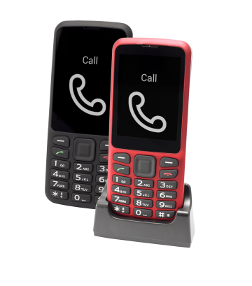 Mobilní telefon BlindShell Classic s nabíjecí kolébkou v červené a černé barvě