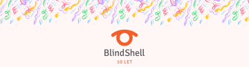 Světlounce růžový banner s logem BlindShell Classic 10 let, ne které padají konfety.