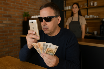 Na obrázku muž sedí u dřevěného stolku, v ruce drží několik albánských bankovek a fotografuje je svým telefonem BlindShell. Na zadní straně telefonu je vidět malé logo ve tvaru oka. Muž vypadá soustředěně a v pozadí se usmívající baristka připravuje kávu. Celé místo působí hřejivě a klidně, jako jedna z těch tichých kaváren, brzo v sobotu ráno.