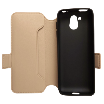 Zlatavě pískový flip - detailní záběr na flip, který je otevřený, je vidět vnitřek, kam se dává telefon