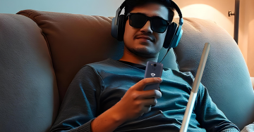 Nevidomý muž relaxuje na gauči s nasazenými sluchátky, v ruce drží BlindShell Classic 3.