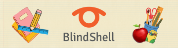 Logo BlindShellu je uprostřed a kolem něj jsou veselé ilustrace s tématikou školy. Na jedné straně se nacházejí sešity, tužka a pravítko, na druhé straně kelímek plný nůžek a pravítek s lesklým červeným jablkem navrchu. Obrázek působí hravě a přívětivě, jako začátek nového školního roku nebo nové cesty za poznáním, a propojuje BlindShell s kreativitou a vzděláváním.