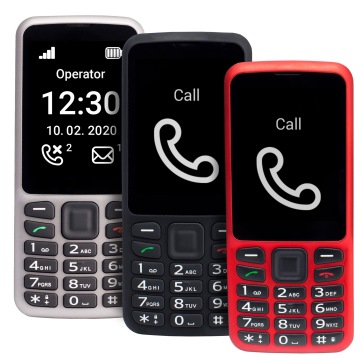 Detailní fotografie Mobilních telefonů pro nevidomé BlindShell Classic v červené a černé barvě a mobilní telefon BlindShell Classic Lite ve stříbrné barvě.